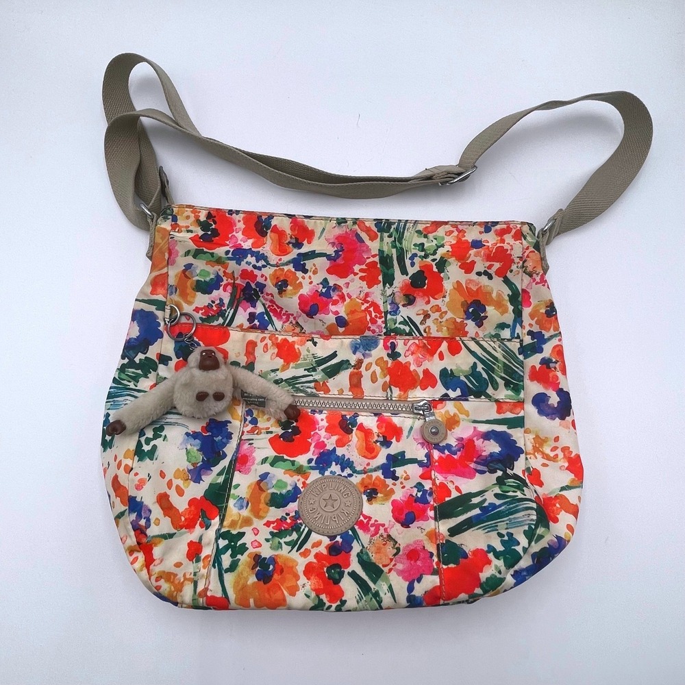 Kipling Floral Nylon Crossbody Bag Multicolor Painterly Print with Monkey Charm